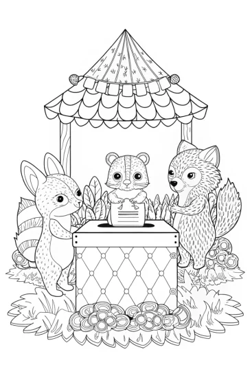 A coloring page of Woodland animals at a voting booth