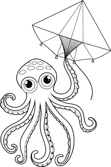 A coloring page of Octopus flying a colorful kite