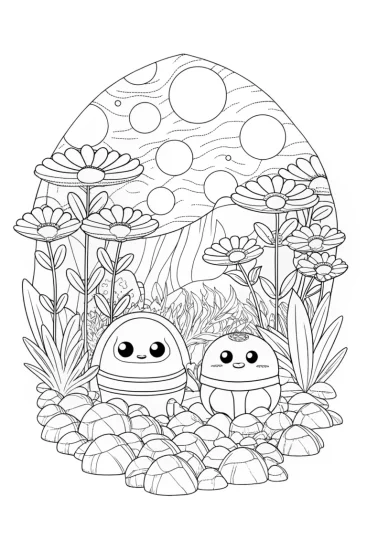 A coloring page of Squishmallows gardening on an alien planet