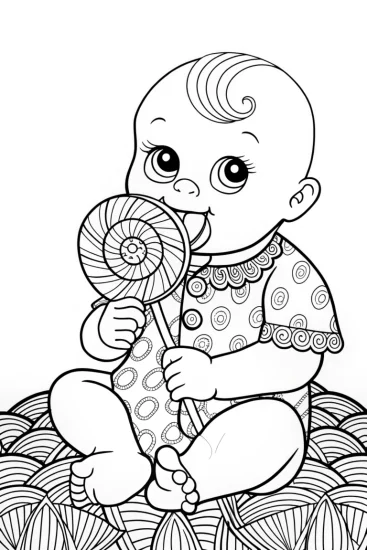 A coloring page of Baby enjoying a lollipop