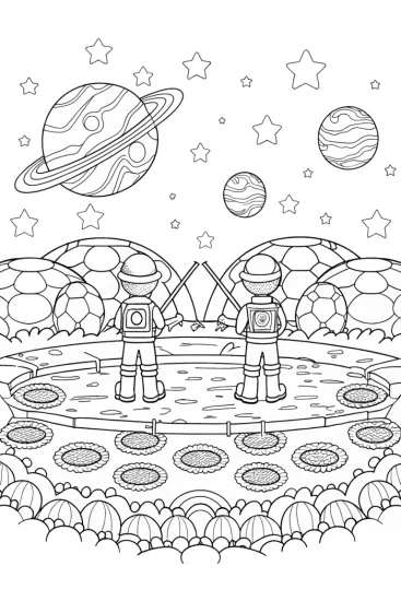 A coloring page of Mario and Luigi fishing in space