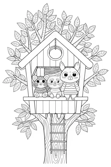 A coloring page of Animal superheroes in a treehouse