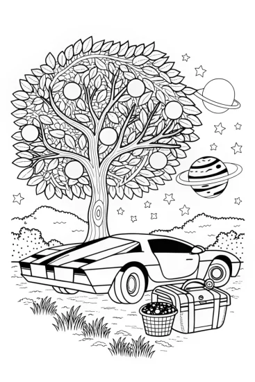 A coloring page of Lamborghini’s space picnic