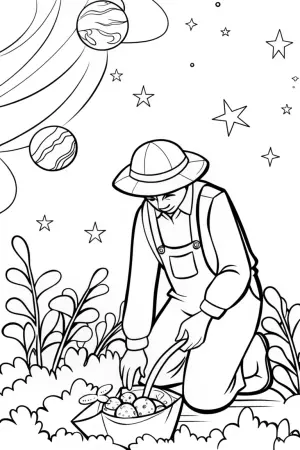 Celestial gardener in a cosmic garden coloring pages
