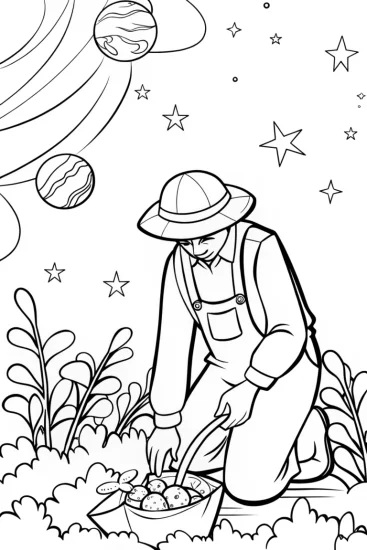 A coloring page of Celestial gardener in a cosmic garden