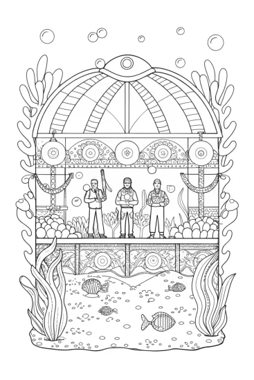 A coloring page of JJ underwater music festival