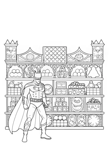 A coloring page of Batman at the mythical puzzle bazaar
