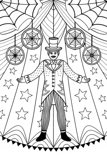 A coloring page of Spider ringmaster in cosmic circus