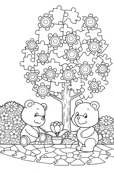 A coloring page of Care Bears in a puzzle garden