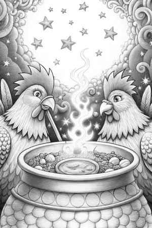 Chickens crafting a magical potion coloring pages
