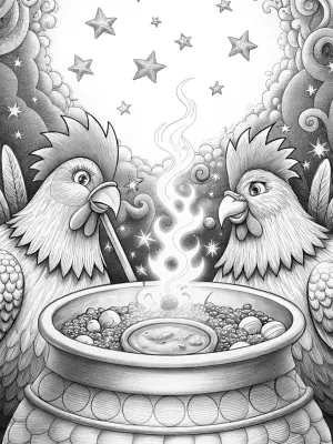 Chickens crafting a magical potion coloring pages