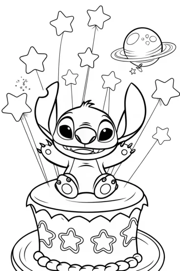 A coloring page of Stitch in a cosmic celebration