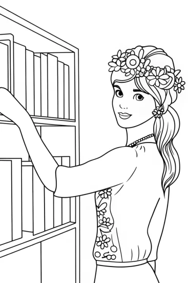 A coloring page of Flower librarians organizing books