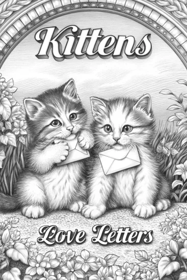 A coloring page of Kittens delivering love letters