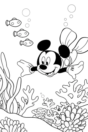 A coloring page of Mickey Mouse underwater adventure