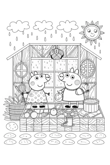 A coloring page of Peppa Pig’s weather workshop