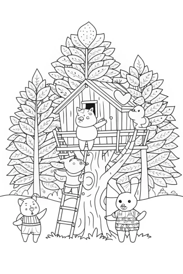 A coloring page of Animals building a treehouse