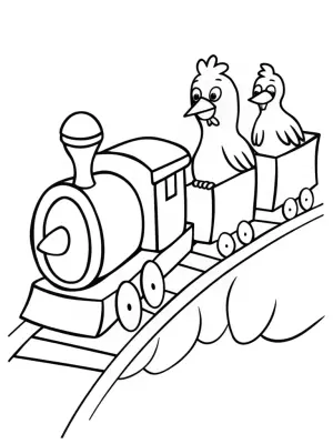 Chickens on a time-traveling train coloring pages
