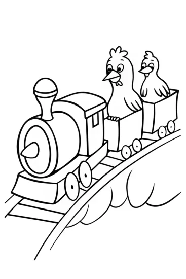 A coloring page of Chickens on a time-traveling train