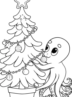 Octopus decorating a Christmas tree coloring pages
