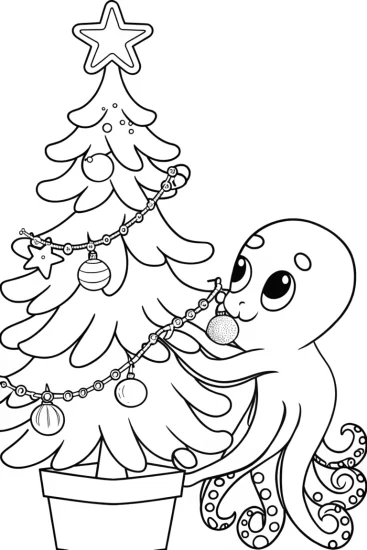 A coloring page of Octopus decorating a Christmas tree
