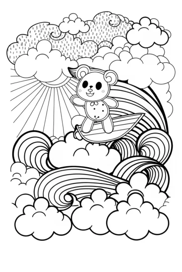 A coloring page of Pompompurin surfing on clouds