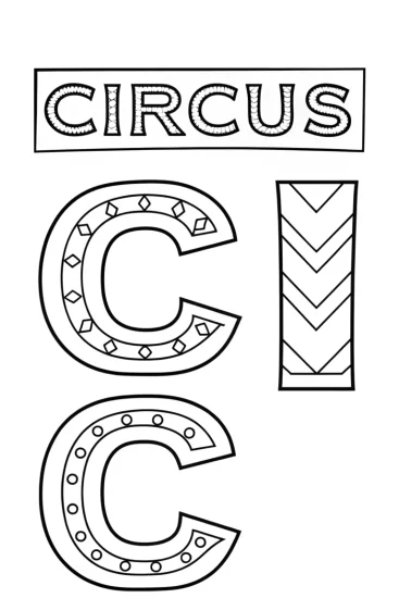 A coloring page of Alphabet letters at the circus