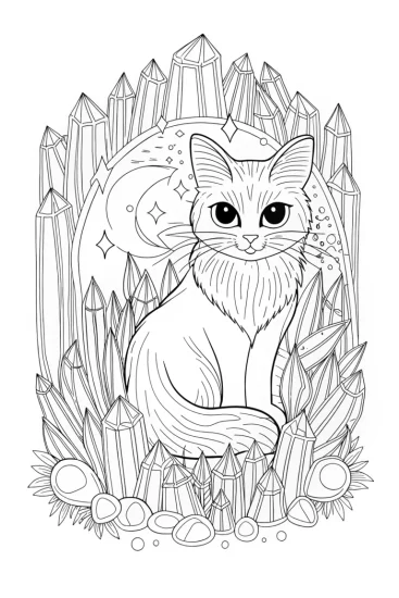 A coloring page of Crystal the cat in a crystal cave