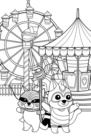 A coloring page of Superhero pets at the carnival