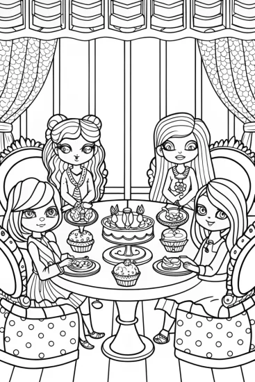 A coloring page of Bratz dolls tea party