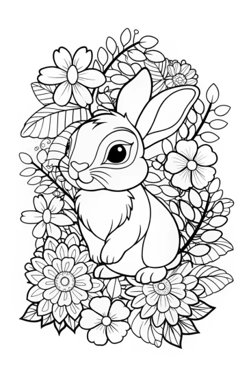 A coloring page of Thumper in the magical garden