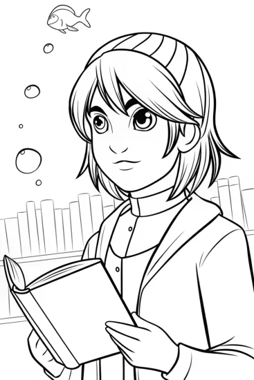 A coloring page of SOREN in an underwater library