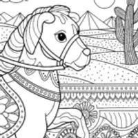 Puppy riding a horse in the desert