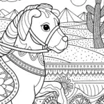 Puppy riding a horse in the desert
