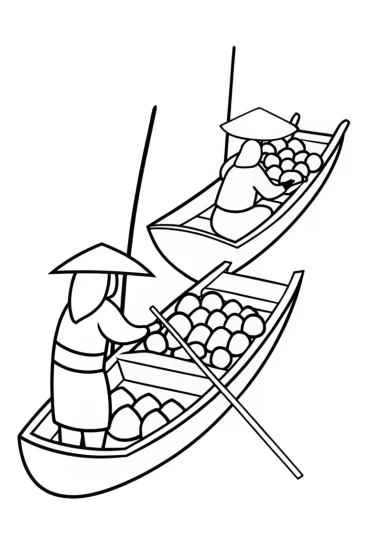 A coloring page of Ninja exploring a floating market