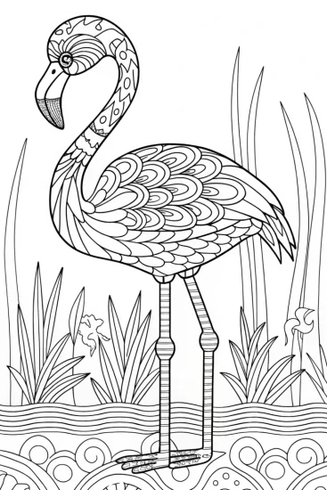 A coloring page of Flamingo philosopher by the riverbank