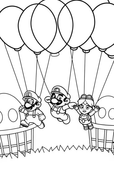A coloring page of Mario and friends balloon race