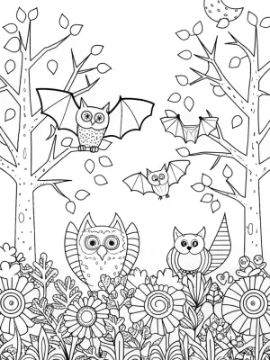 Nocturnal animals in a garden coloring pages