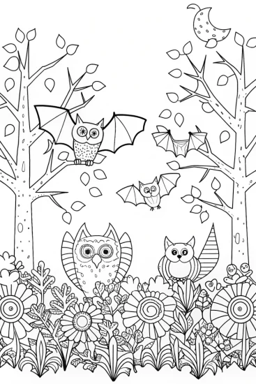 A coloring page of Nocturnal animals in a garden