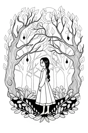 A coloring page of Wednesday Addams in an enchanted forest