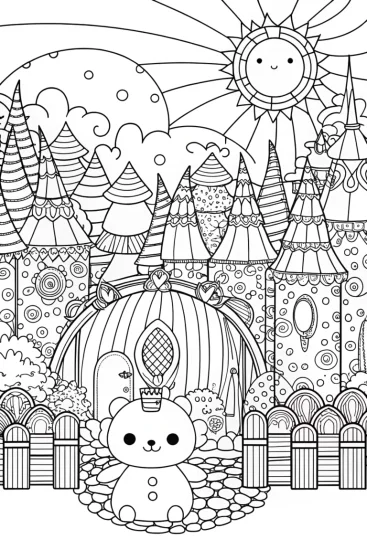 A coloring page of Pompompurin’s dreamscape adventure