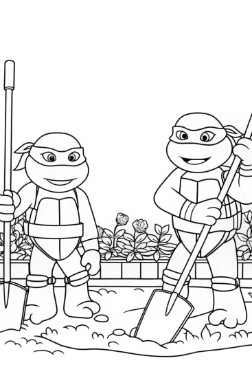 A coloring page of Teenage Mutant Ninja Turtles gardening
