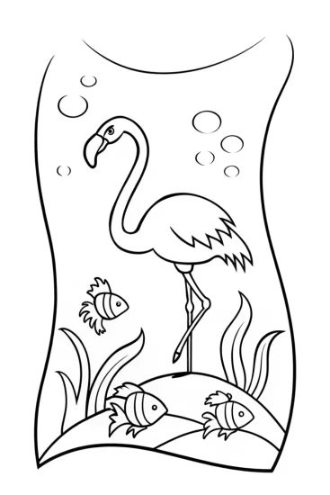 A coloring page of Flamingo hosting storytime under the sea