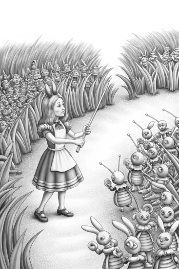 A coloring page of Alice conducting musical insects