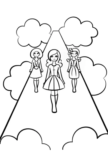 A coloring page of Bratz dolls fashion show in the clouds