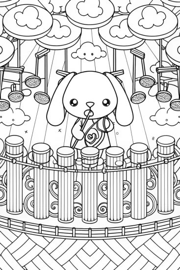 A coloring page of Cinnamoroll conducting a cloud orchestra