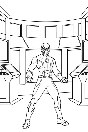 A coloring page of Black Panther at the technology fair