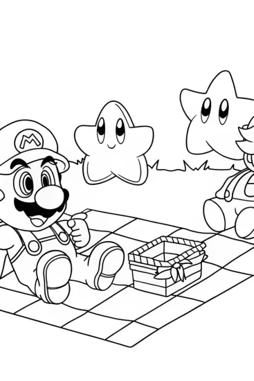 A coloring page of Mario’s picnic with star creatures