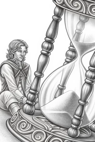 A coloring page of Banban discovers a magical hourglass