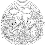 Animals playing music under a rainbow